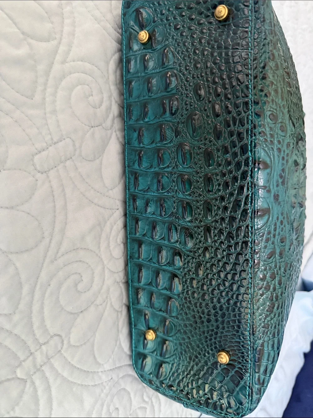 Brahmin Teal Croc-Embossed Shoulder Tote with Gold Accents
